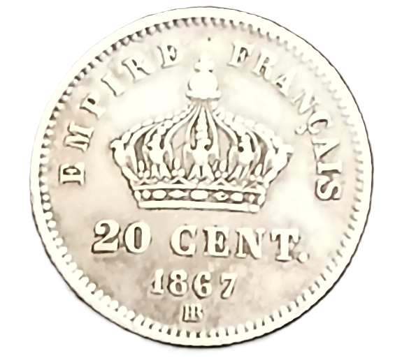 20 centimes argent Napoléon III tête laurée grand module 1867 BB