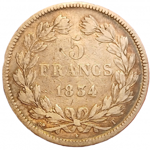 5 francs argent Louis Philippe Ier tête laurée 1834 T