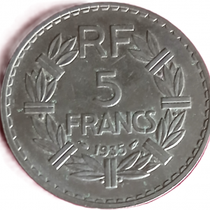 5 francs type Lavrillier en nickel 1935