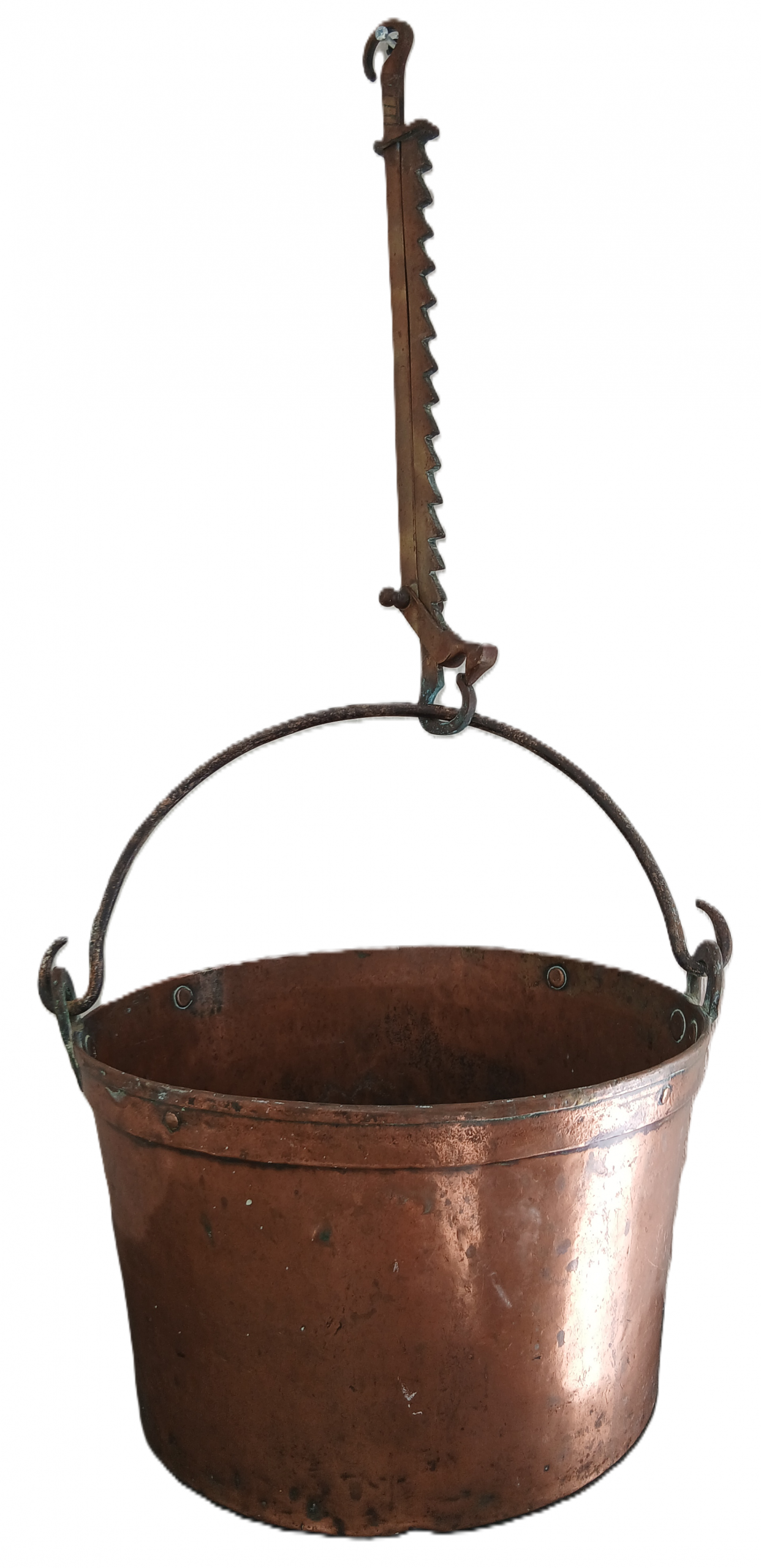Grand chaudron en cuivre et sa crémaillère d'origine