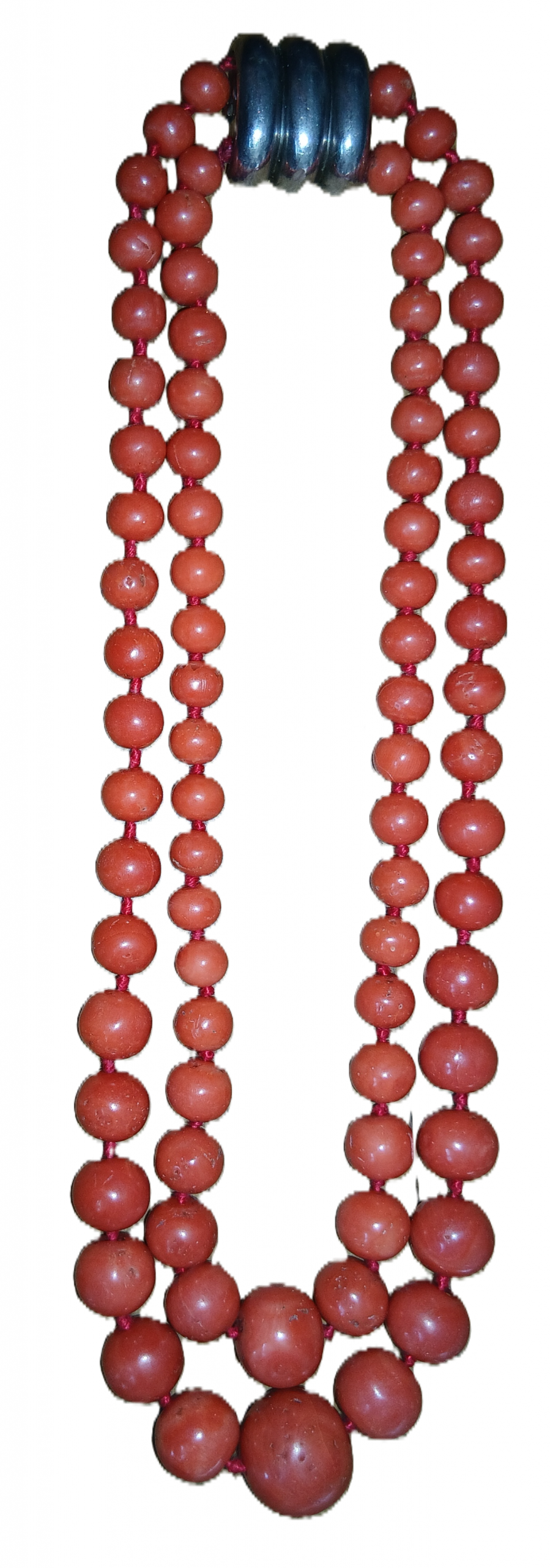 Collier 2 rangs en corail rouge et son fermoir argent