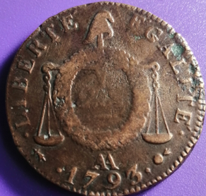 Pièce de monnaie 2 sols aux balances Louis XVI 1793 / An II AA (Metz)