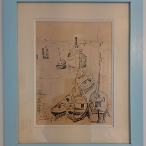 Dessin encadré du vieux SAS de Ouistreham par Miguette Pérard