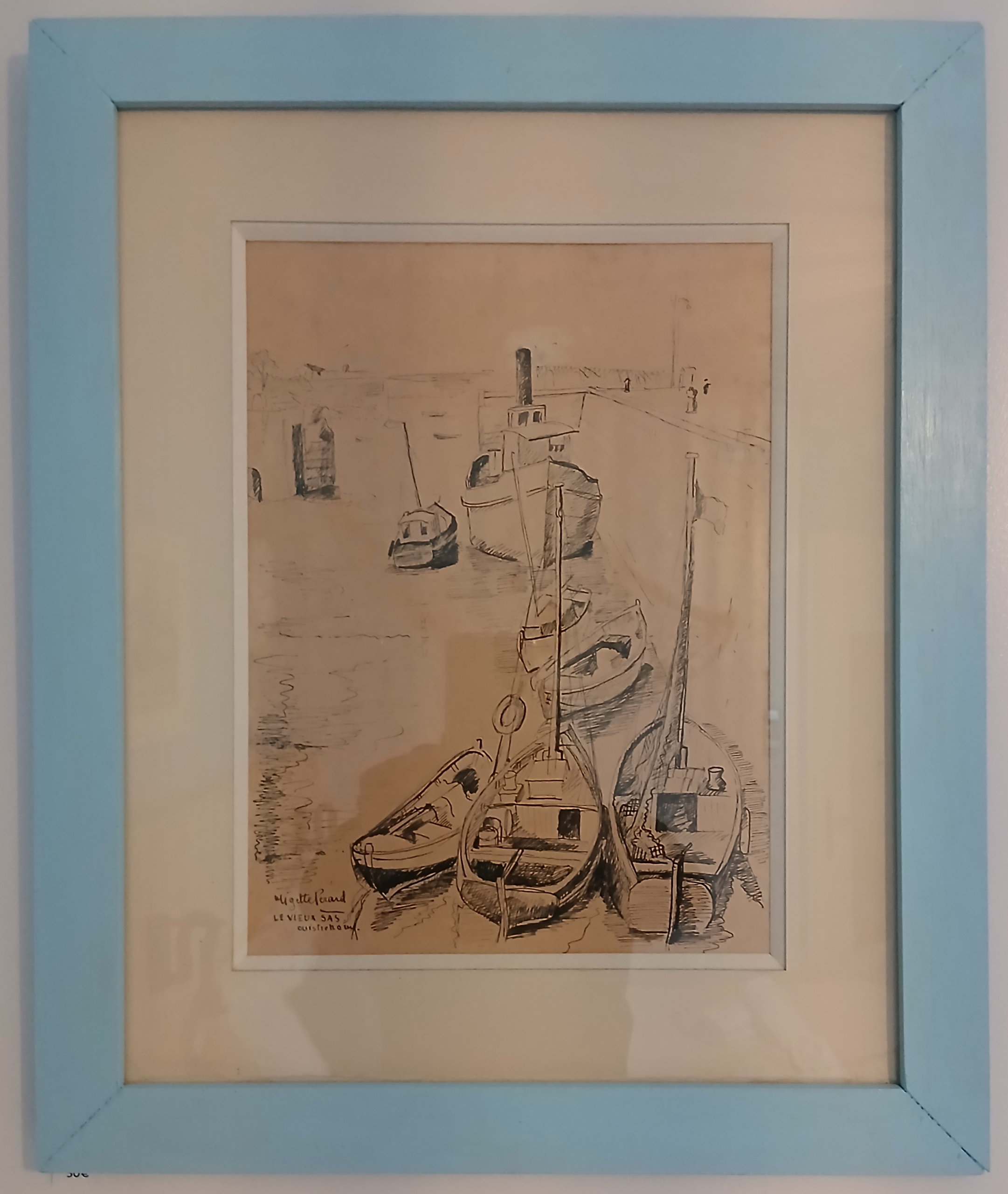 Dessin encadré du vieux SAS de Ouistreham par Miguette Pérard